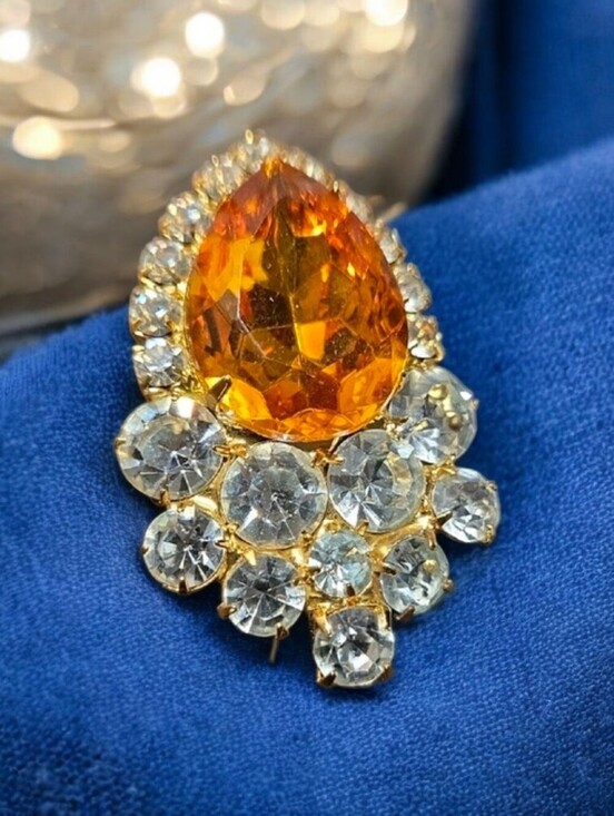 Vintage Jewelry - Gold-Tone Amber Teardrop & Clear Crystal Cluster Brooch Necklace Pendent